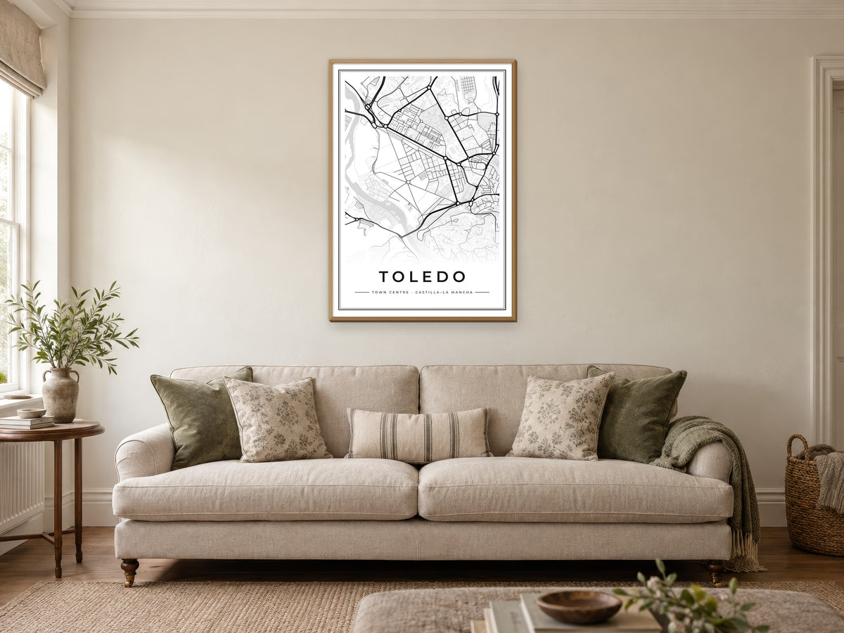Toledo Town Centre Street Map Poster at A1, in a natural wood frame, in a sitting room