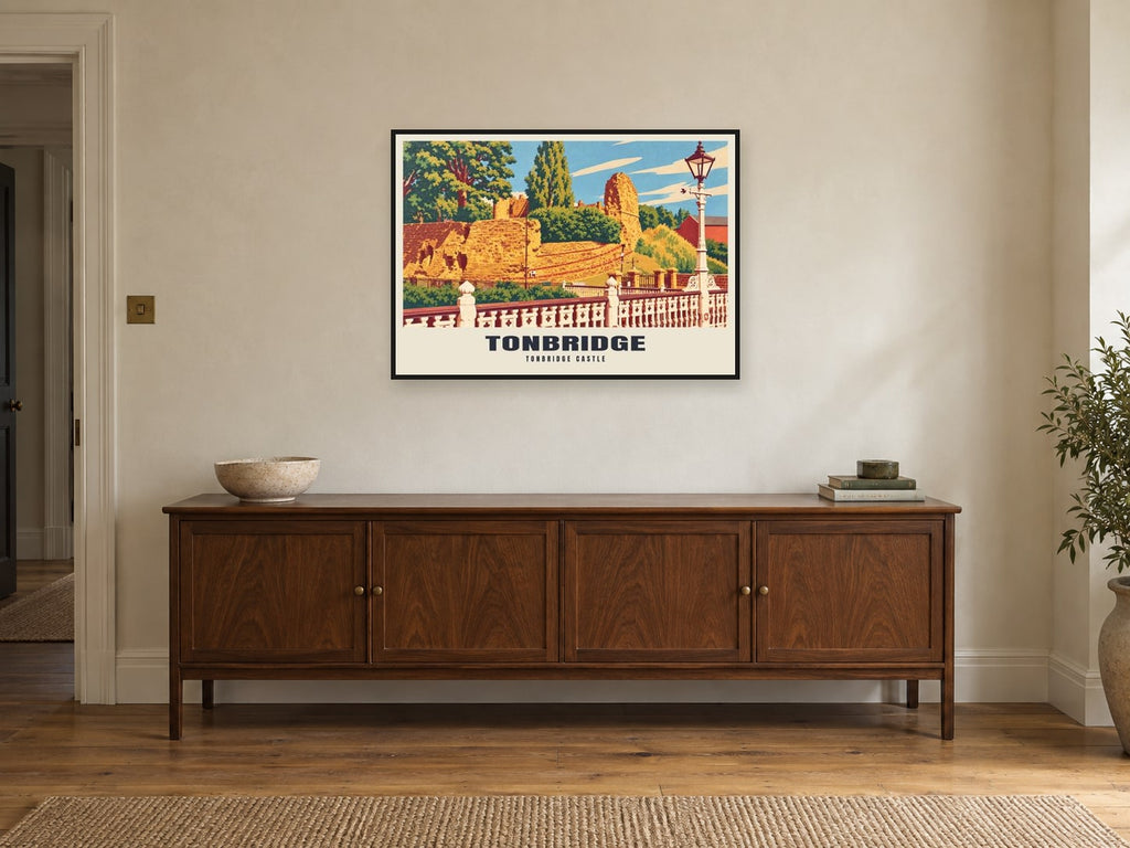 Tonbridge Castle Poster at A1, in a black frame, above a sideboard