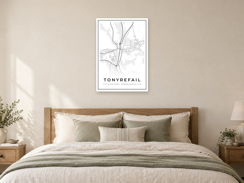 Tonyrefail Village Centre Street Map Poster at A1, as a poster, above a bed