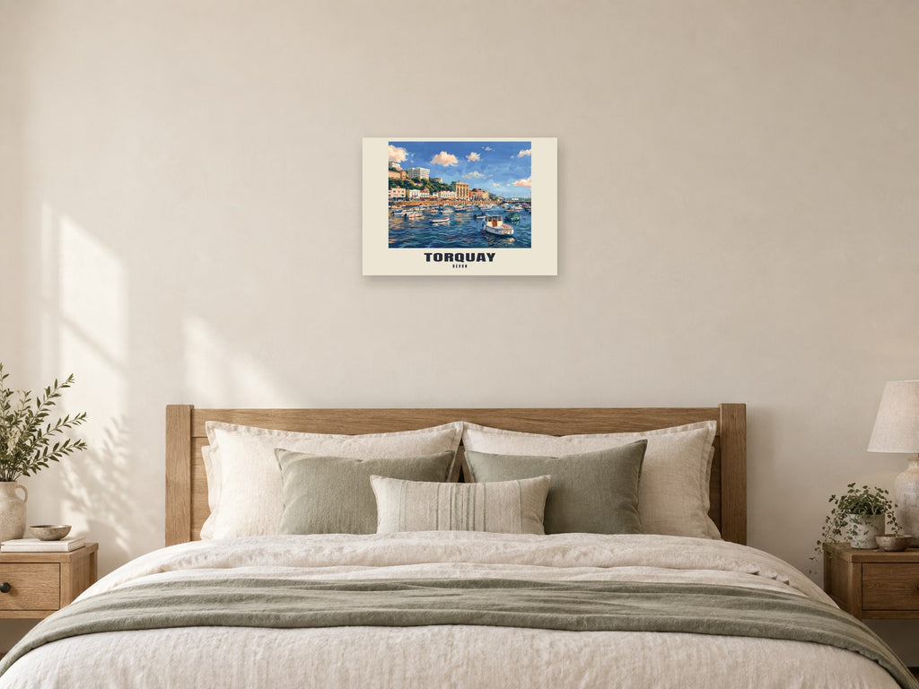 Torquay named Gouache print at A2, as a poster, above a bed
