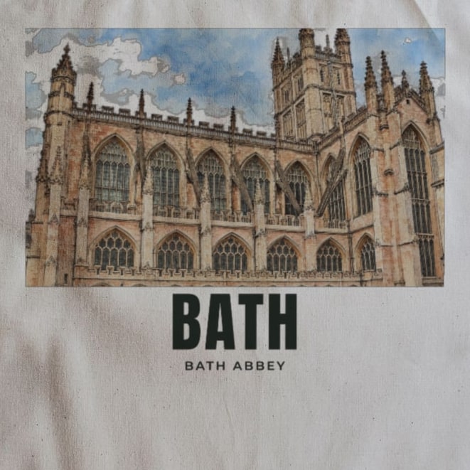 Close-up of the Bath Abbey drawing and lettering printed on natural cotton