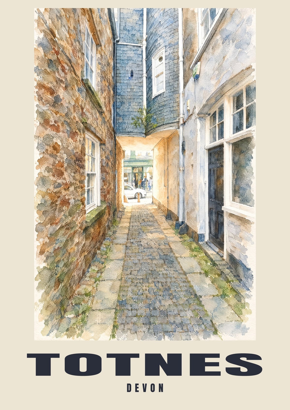 Totnes English Watercolour art print with TOTNES and DEVON name band