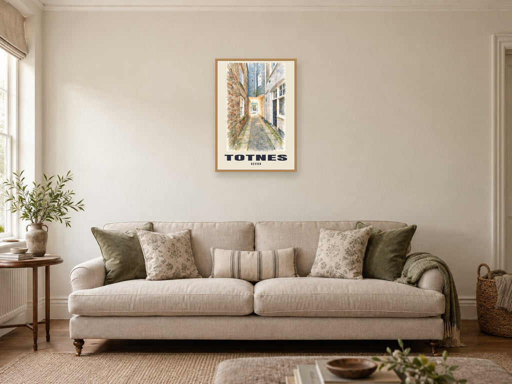 Totnes named English Watercolour print at A2, in a natural wood frame, in a sitting room
