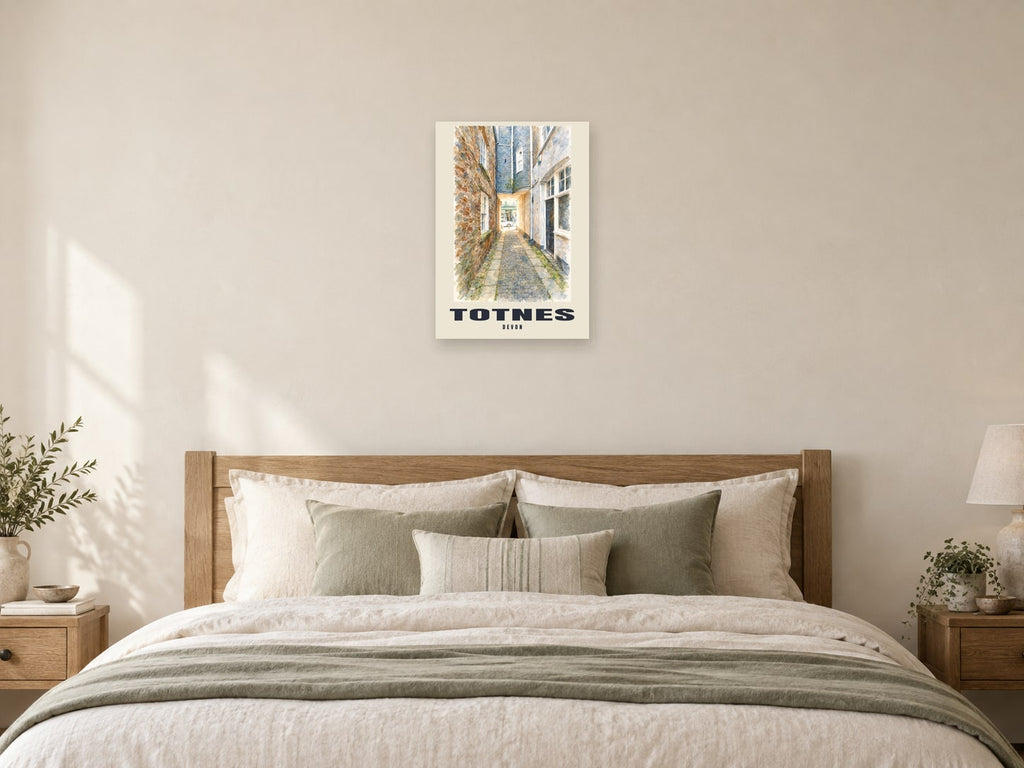 Totnes named English Watercolour print at A2, as a poster, above a bed