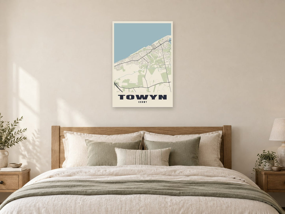 Towyn Street Map Poster at A1, as a poster, above a bed