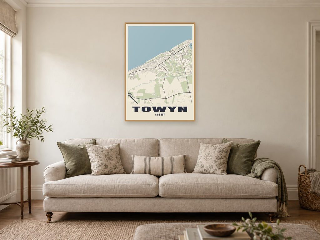 Towyn Street Map Poster at A1, in a natural wood frame, in a sitting room