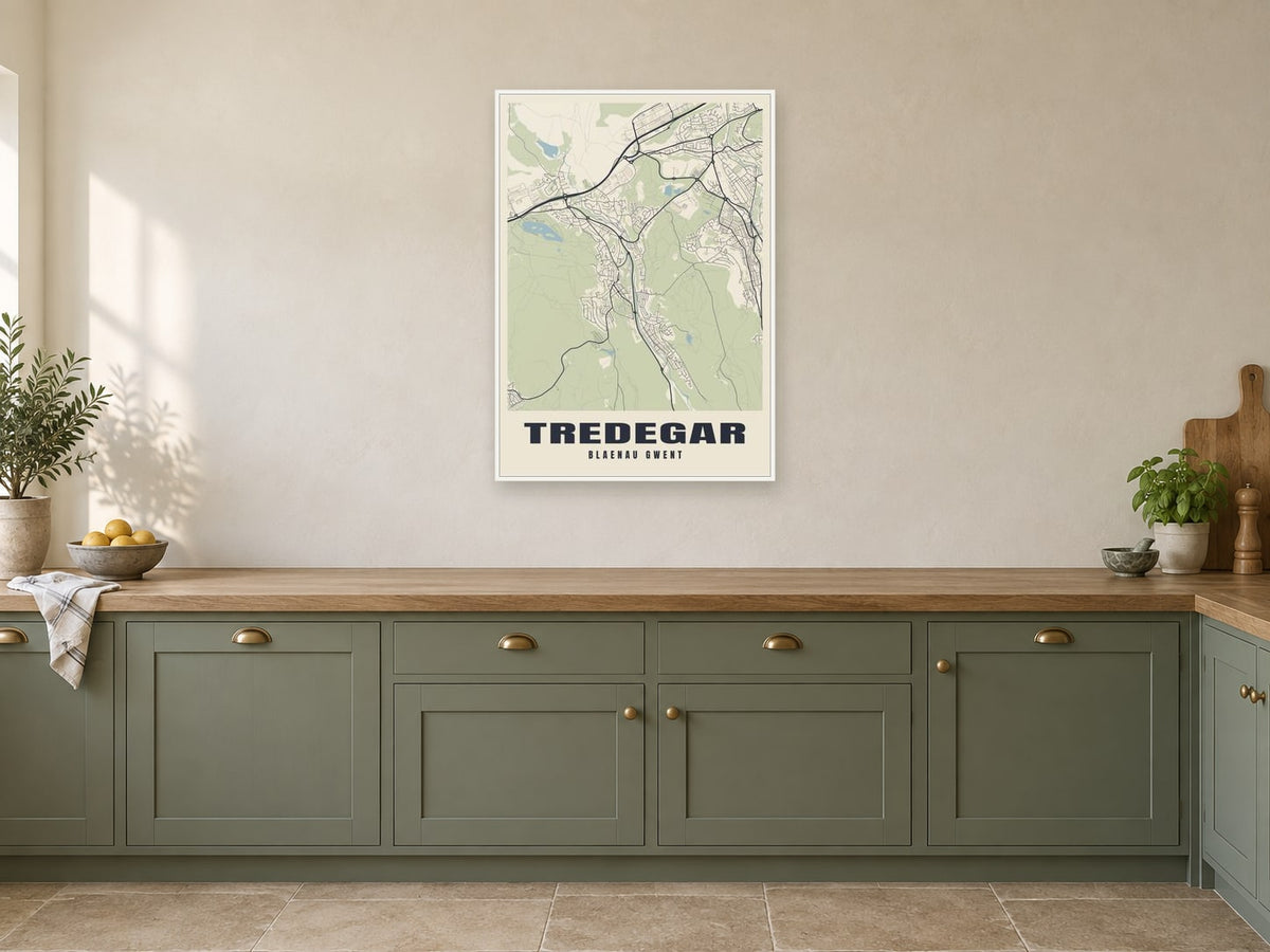 Tredegar Street Map Poster at A1, in a white frame, in a kitchen