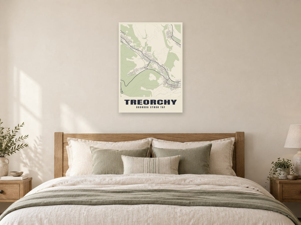 Treorchy Street Map Poster at A1, as a poster, above a bed