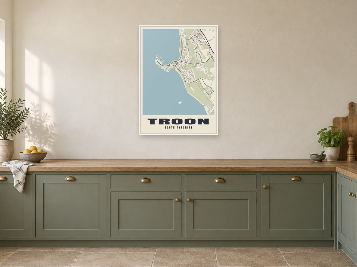 Troon Street Map Poster at A1, in a white frame, in a kitchen