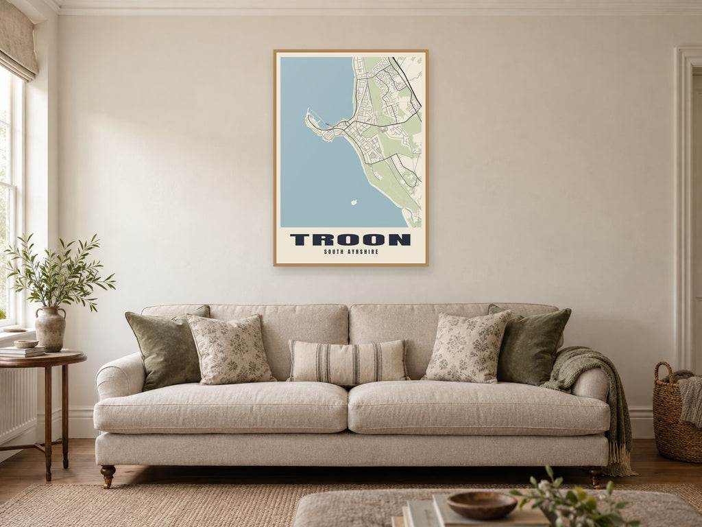 Troon Street Map Poster at A1, in a natural wood frame, in a sitting room