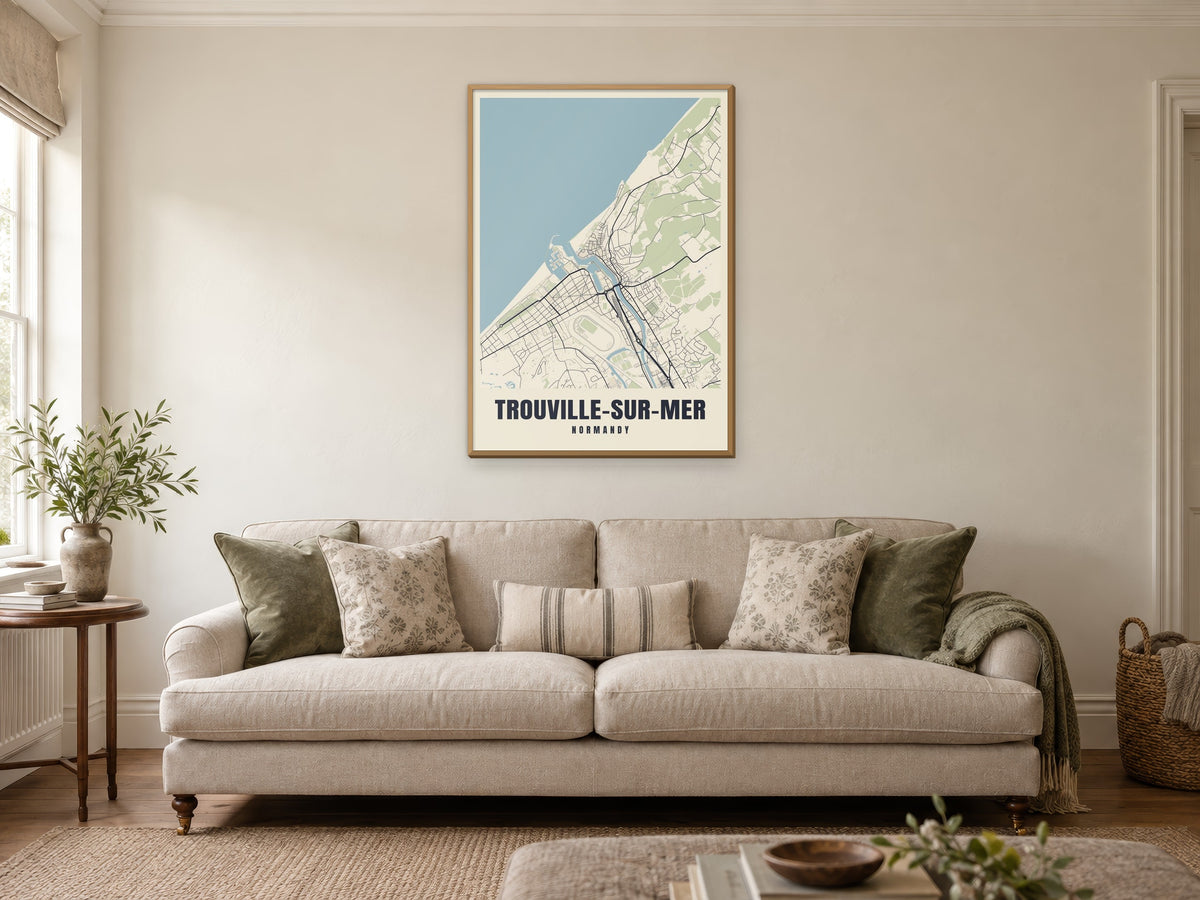 Trouville-sur-Mer Street Map Poster at A1, in a natural wood frame, in a sitting room