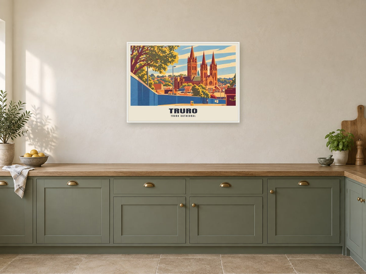 Truro Cathedral Poster at A1, in a white frame, in a kitchen