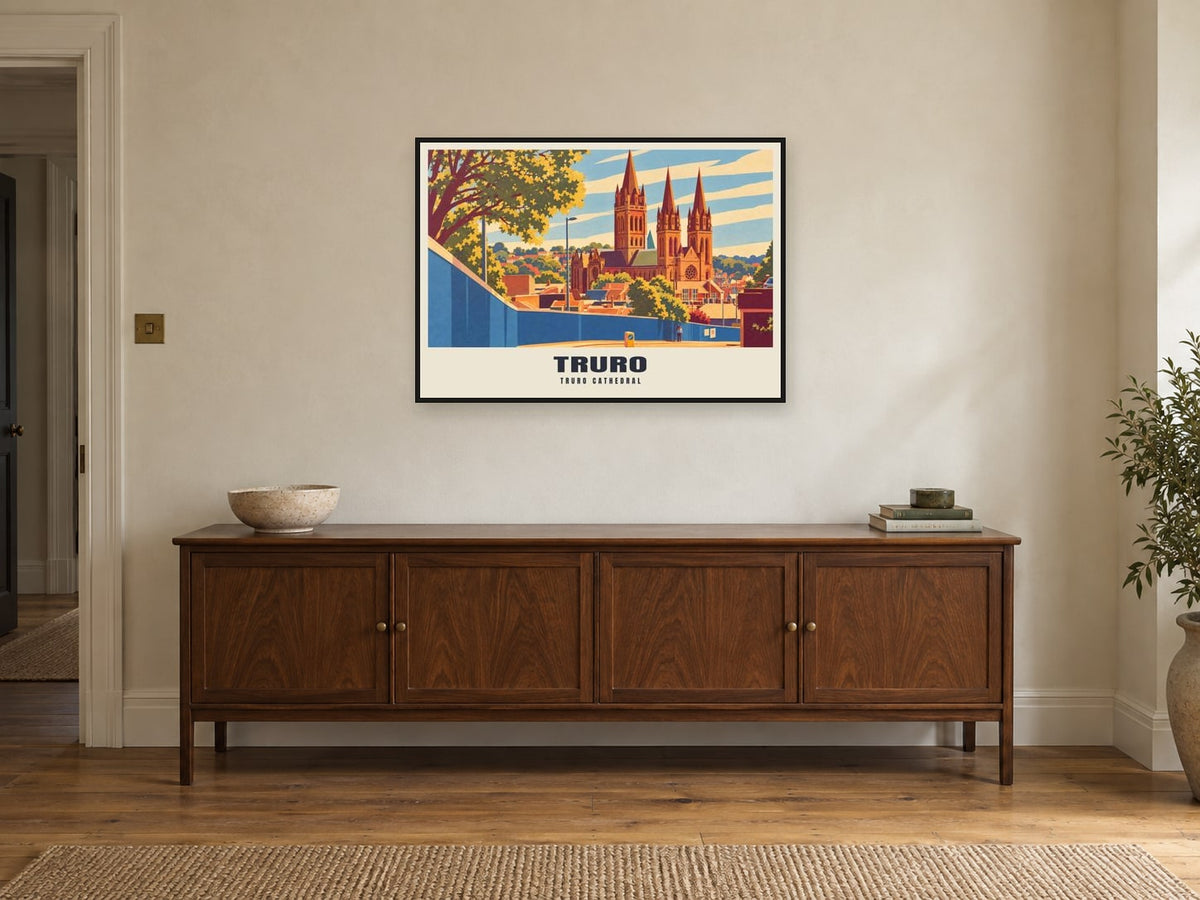 Truro Cathedral Poster at A1, in a black frame, above a sideboard
