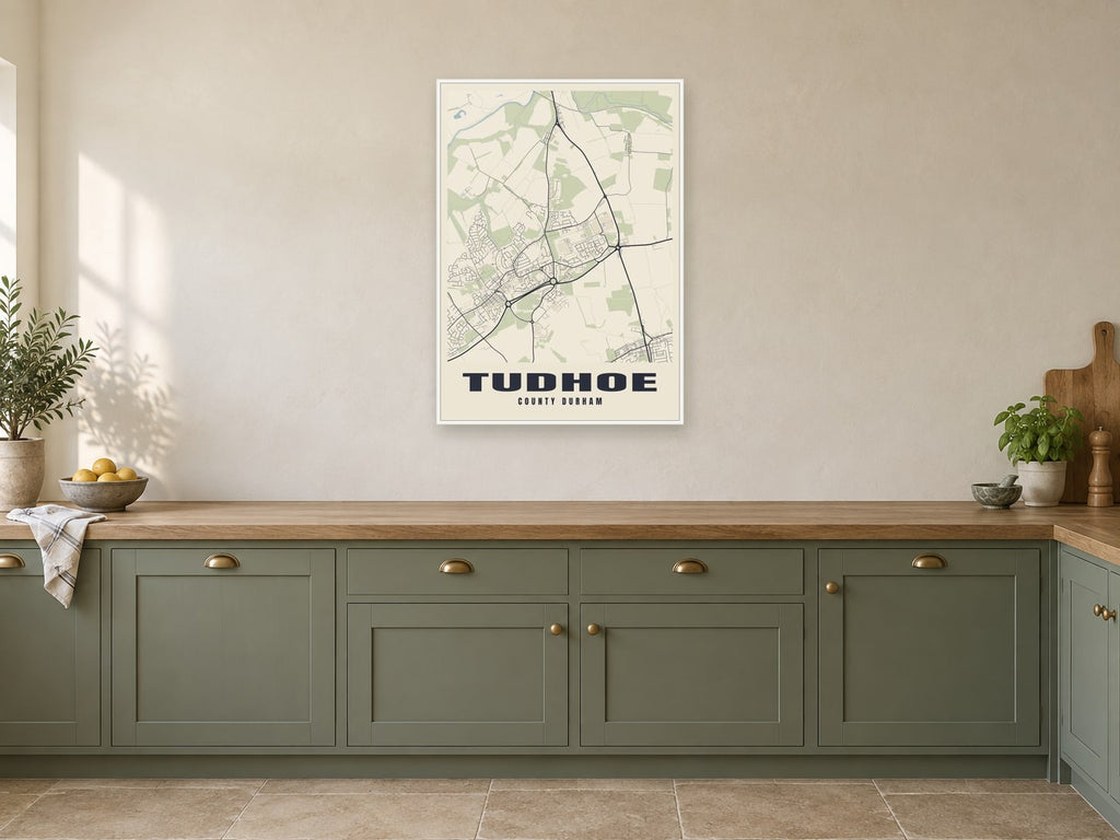 Tudhoe Street Map Poster at A1, in a white frame, in a kitchen