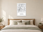 Turin City Centre Street Map Poster at A1, as a poster, above a bed