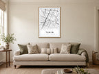 Turin City Centre Street Map Poster at A1, in a natural wood frame, in a sitting room