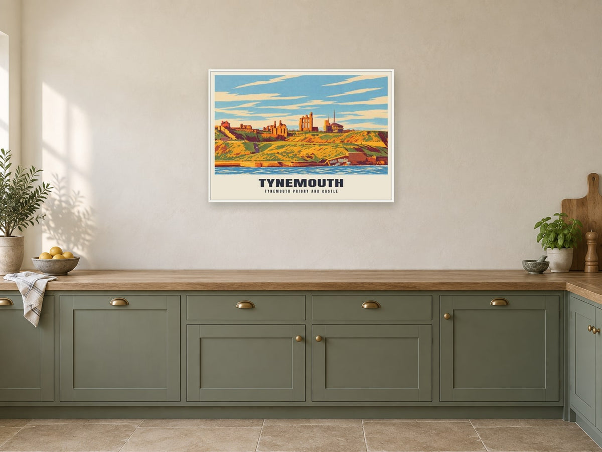 Tynemouth Priory and Castle Poster at A1, in a white frame, in a kitchen