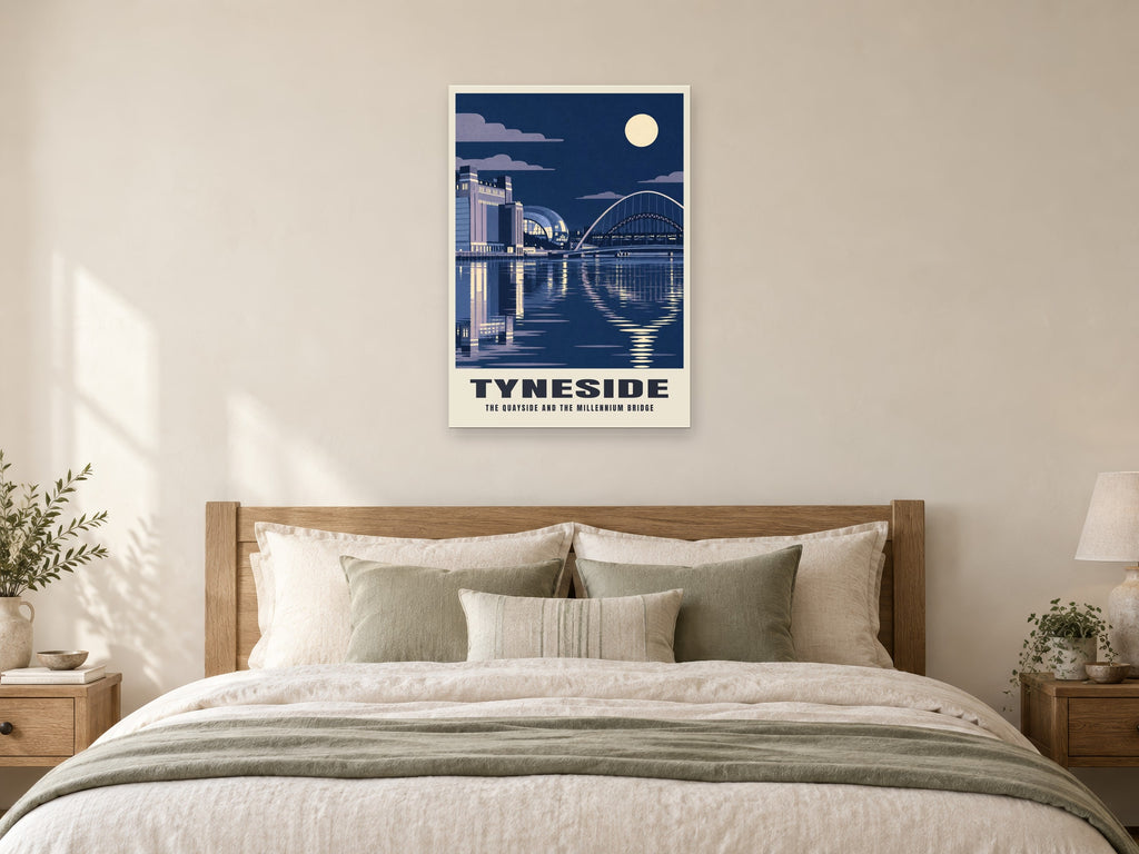 The Quayside and the Millennium Bridge, Tyneside Poster at A1, as a poster, above a bed