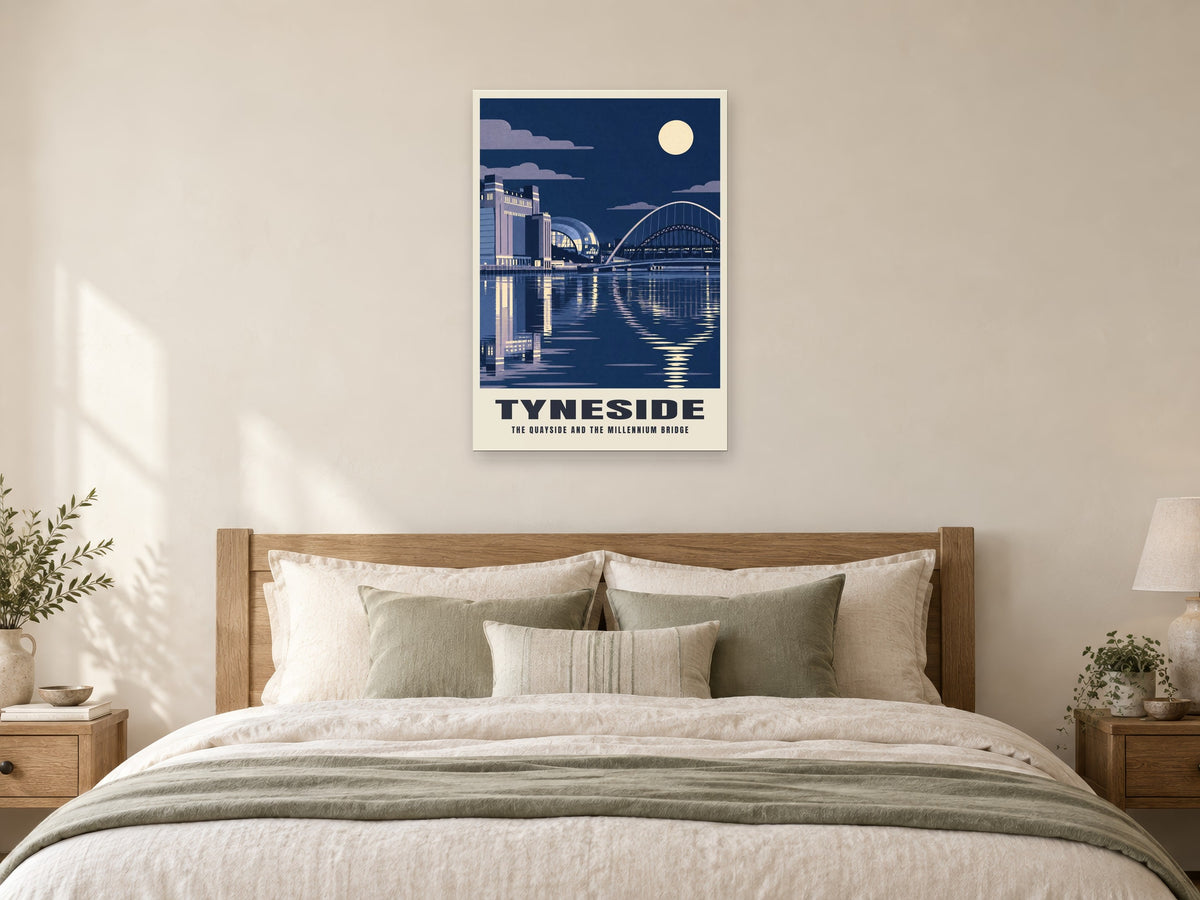 The Quayside and the Millennium Bridge, Tyneside Poster at A1, as a poster, above a bed