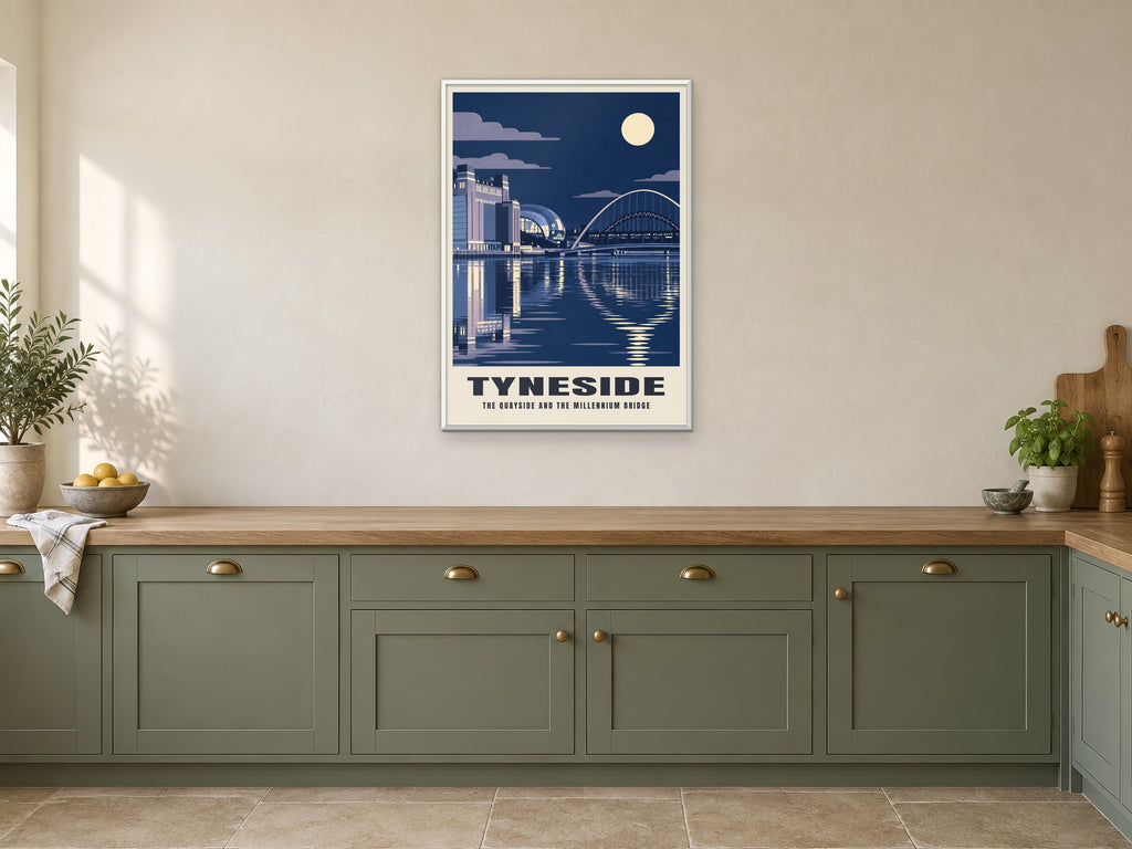 The Quayside and the Millennium Bridge, Tyneside Poster at A1, in a white frame, in a kitchen