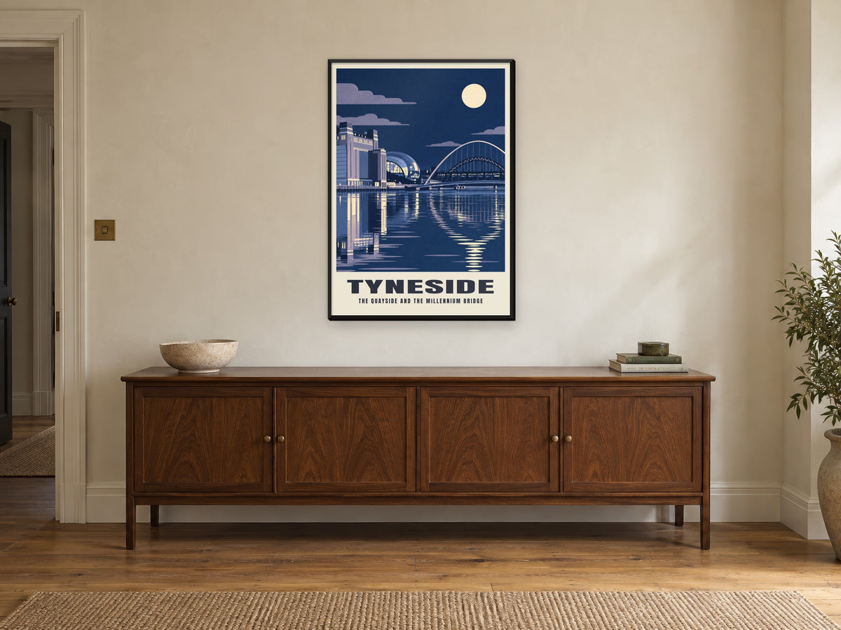 The Quayside and the Millennium Bridge, Tyneside Poster at A1, in a black frame, above a sideboard