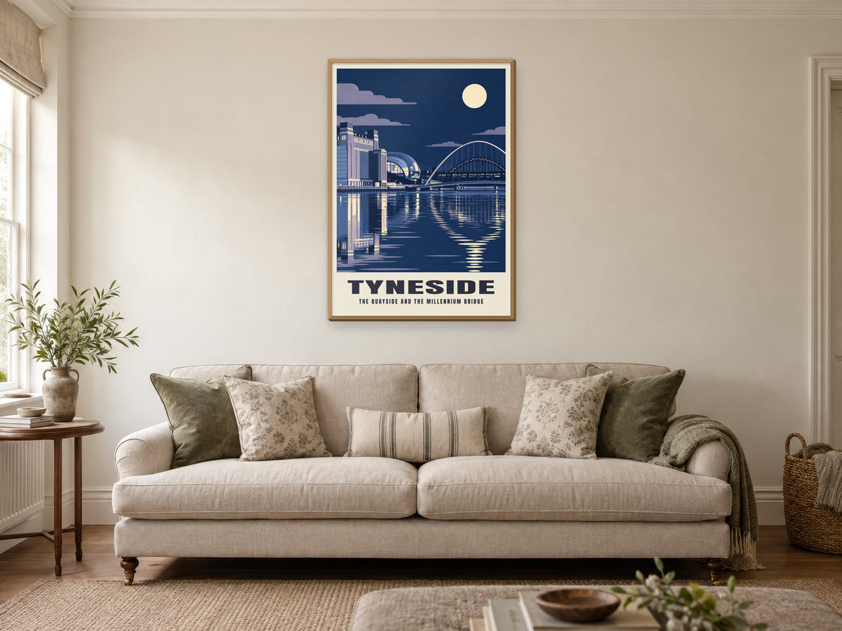 The Quayside and the Millennium Bridge, Tyneside Poster at A1, in a natural wood frame, in a sitting room