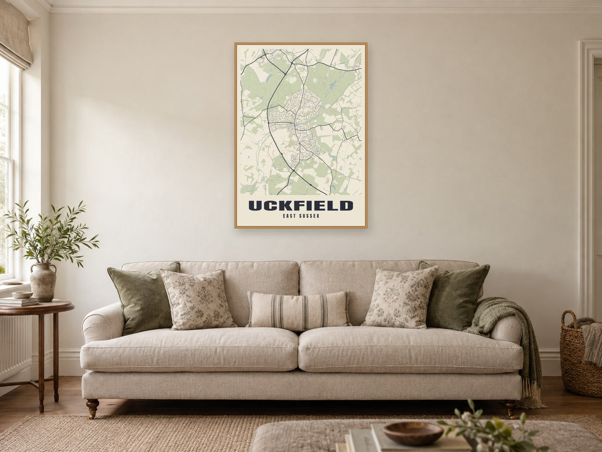 Uckfield Street Map Poster at A1, in a natural wood frame, in a sitting room