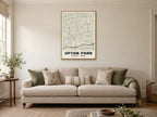 Upton Park Heritage Street Map Poster at A1, in a natural wood frame, in a sitting room