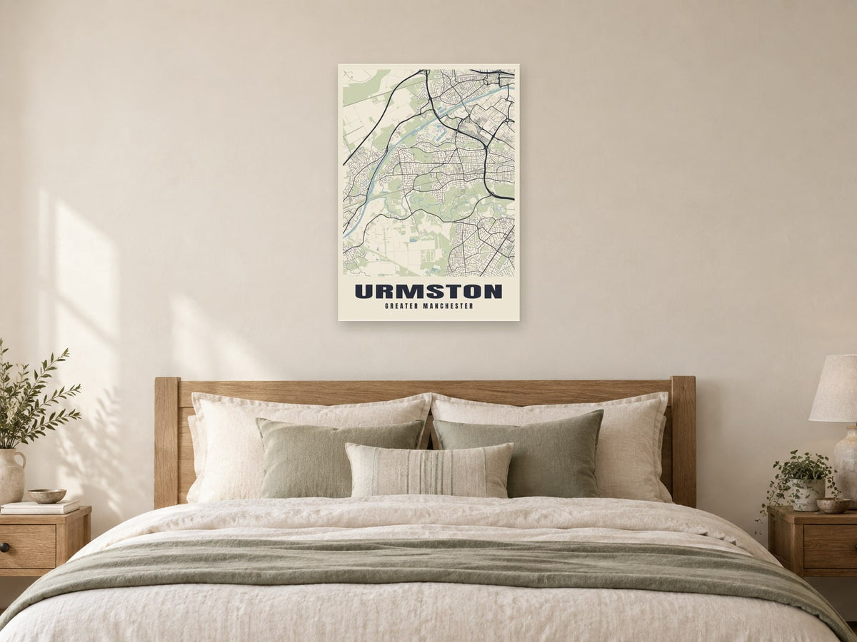Urmston Street Map Poster at A1, as a poster, above a bed