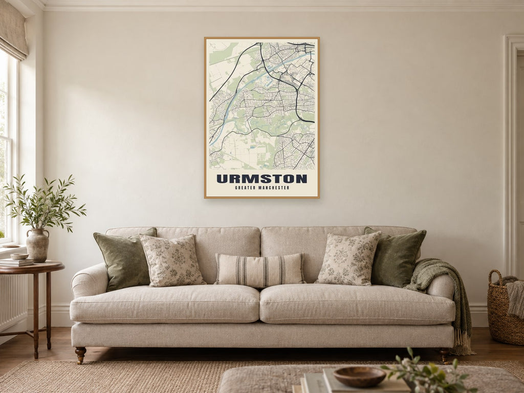 Urmston Street Map Poster at A1, in a natural wood frame, in a sitting room