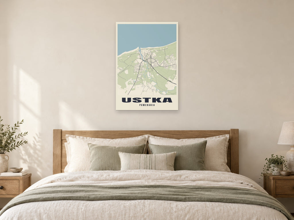 Ustka Street Map Poster at A1, as a poster, above a bed