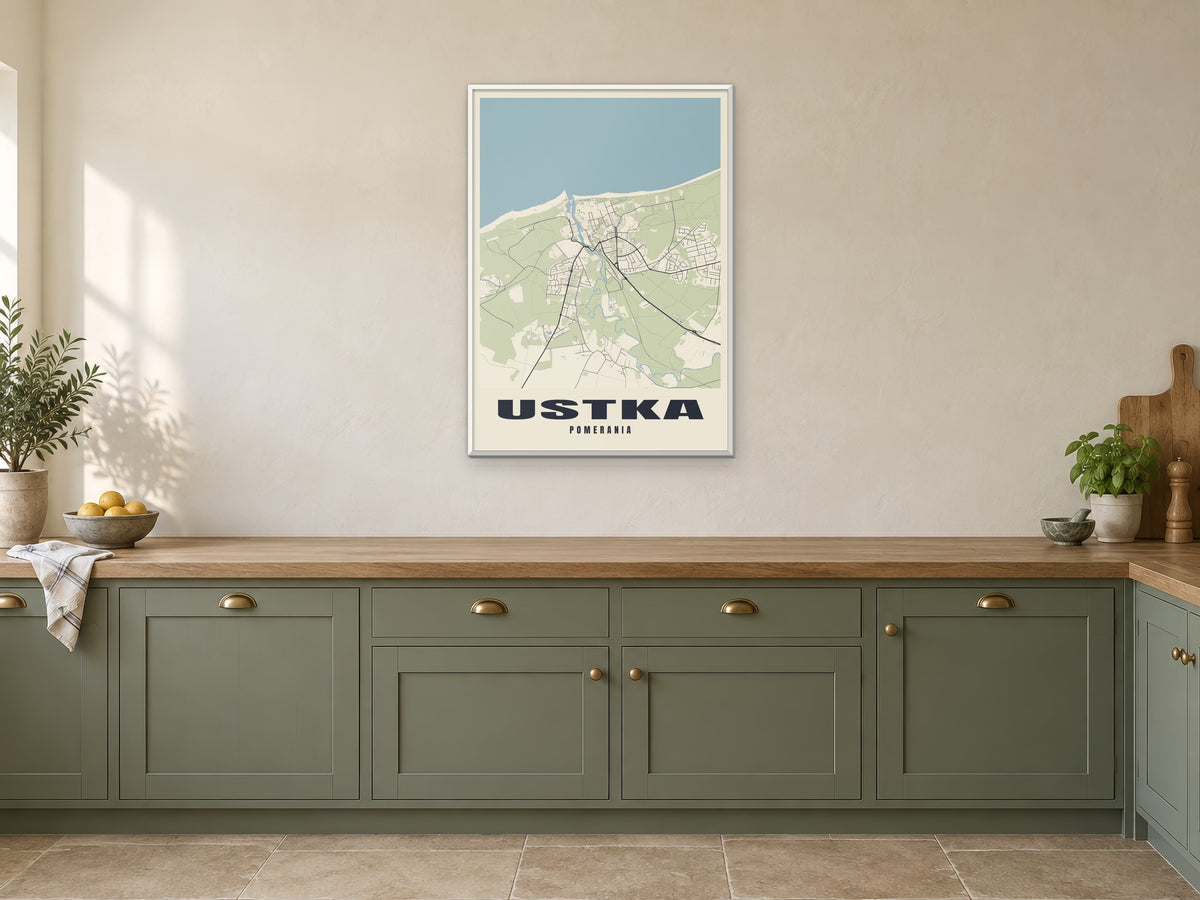 Ustka Street Map Poster at A1, in a white frame, in a kitchen