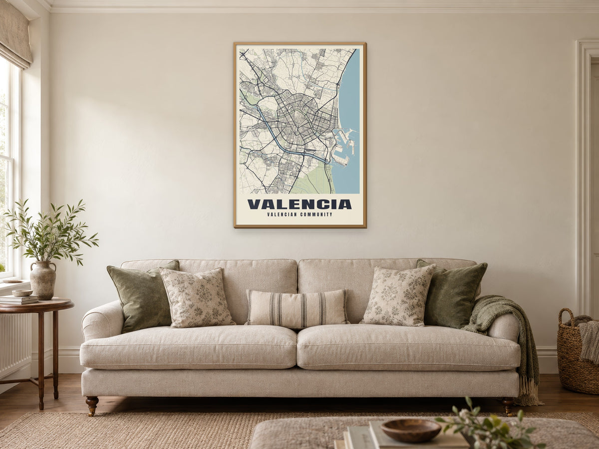 Valencia Street Map Poster at A1, in a natural wood frame, in a sitting room