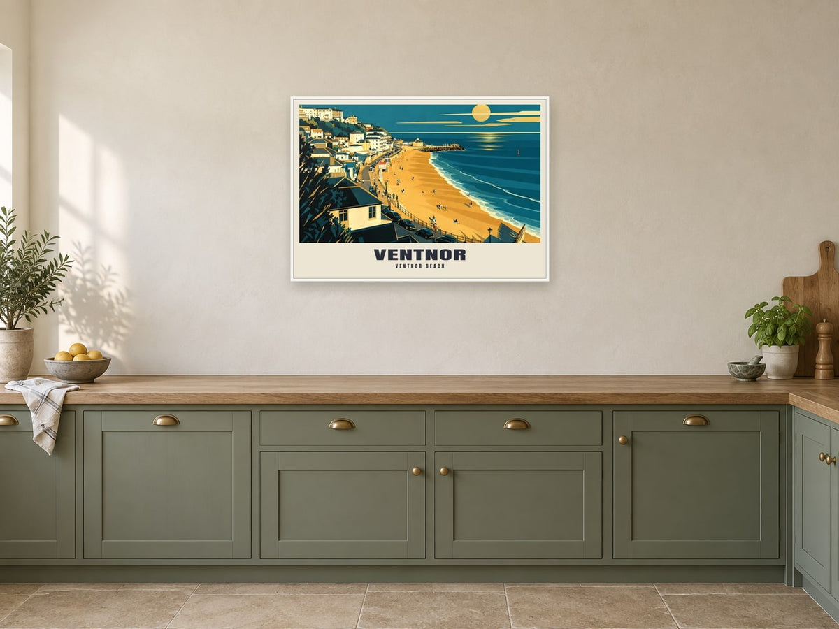 Ventnor Beach Poster at A1, in a white frame, in a kitchen
