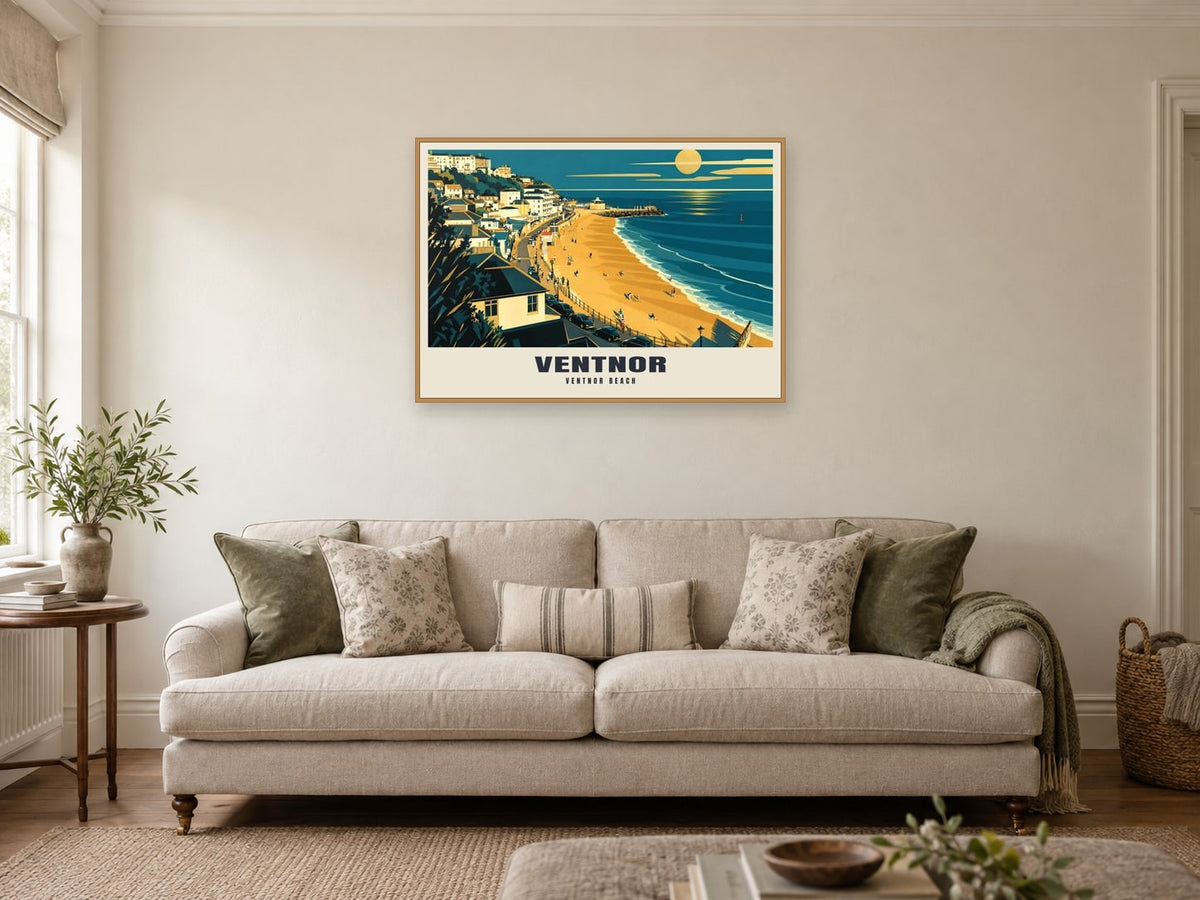 Ventnor Beach Poster at A1, in a natural wood frame, in a sitting room