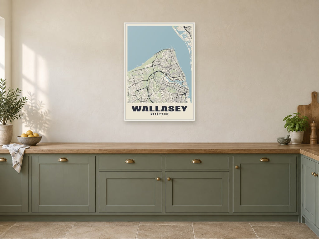 Wallasey Street Map Poster at A1, in a white frame, in a kitchen