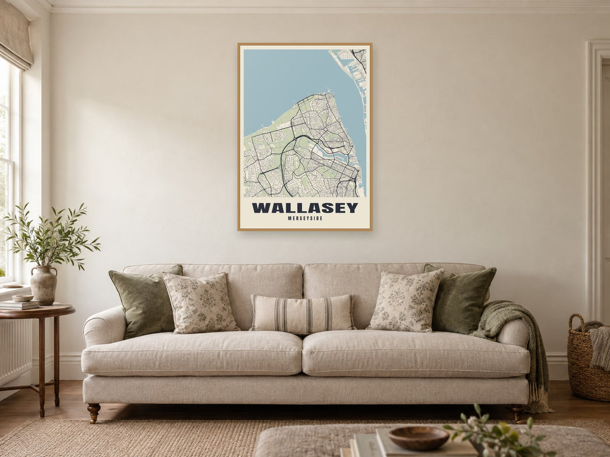 Wallasey Street Map Poster at A1, in a natural wood frame, in a sitting room