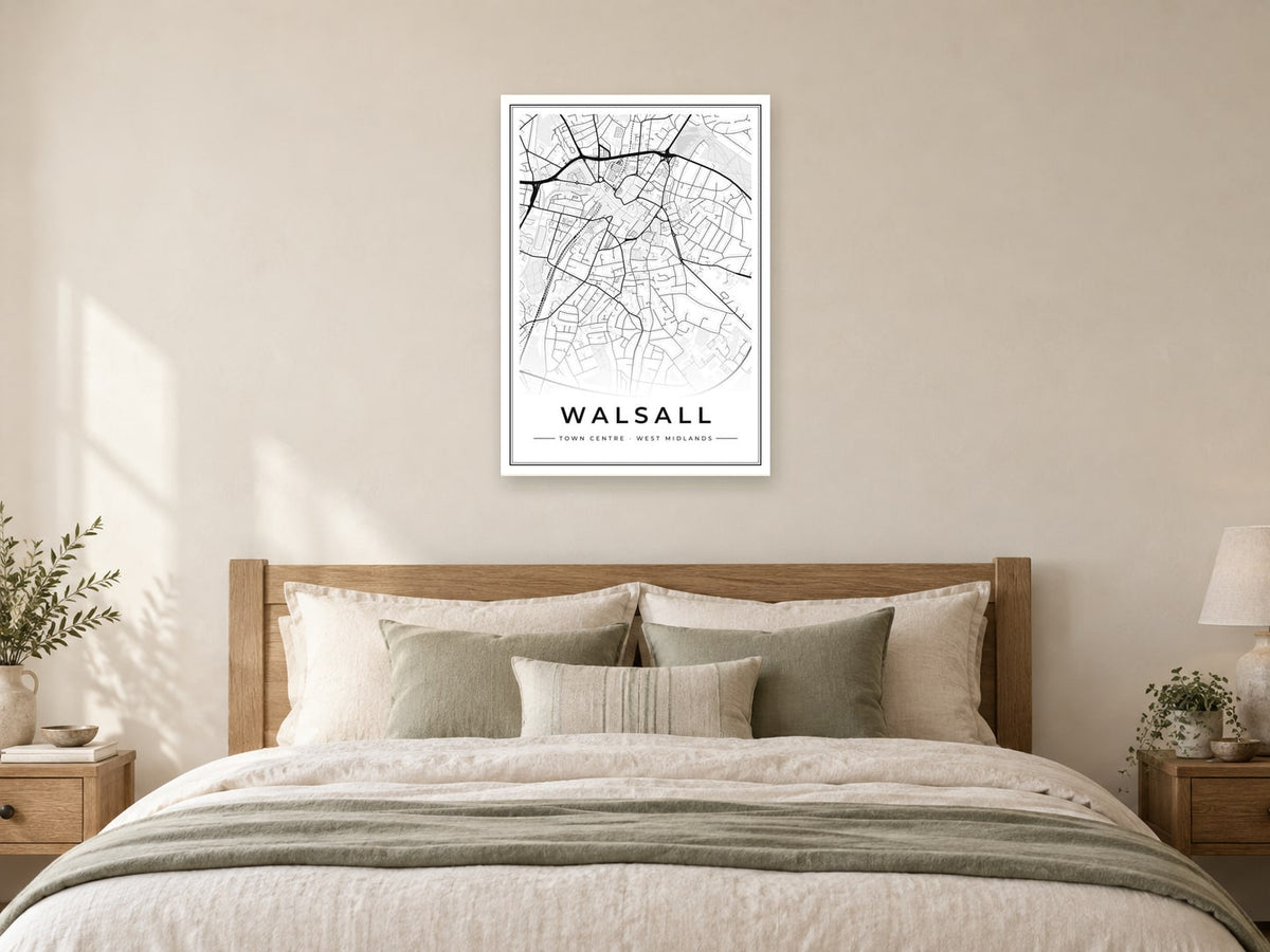 Walsall Town Centre Street Map Poster at A1, as a poster, above a bed