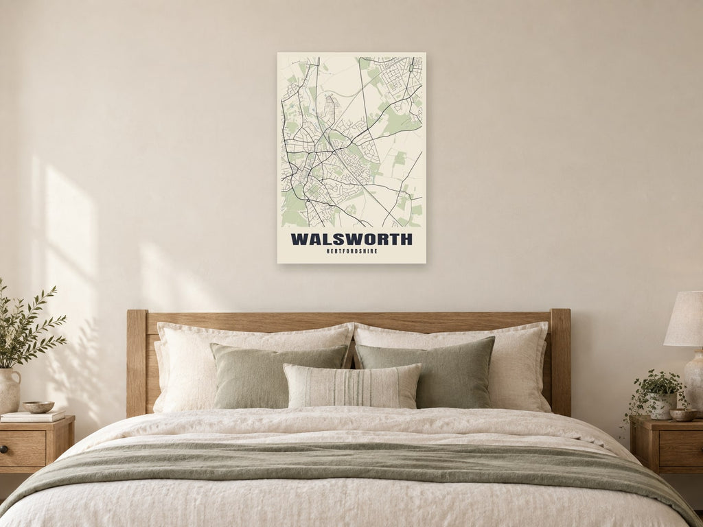 Walsworth Street Map Poster at A1, as a poster, above a bed