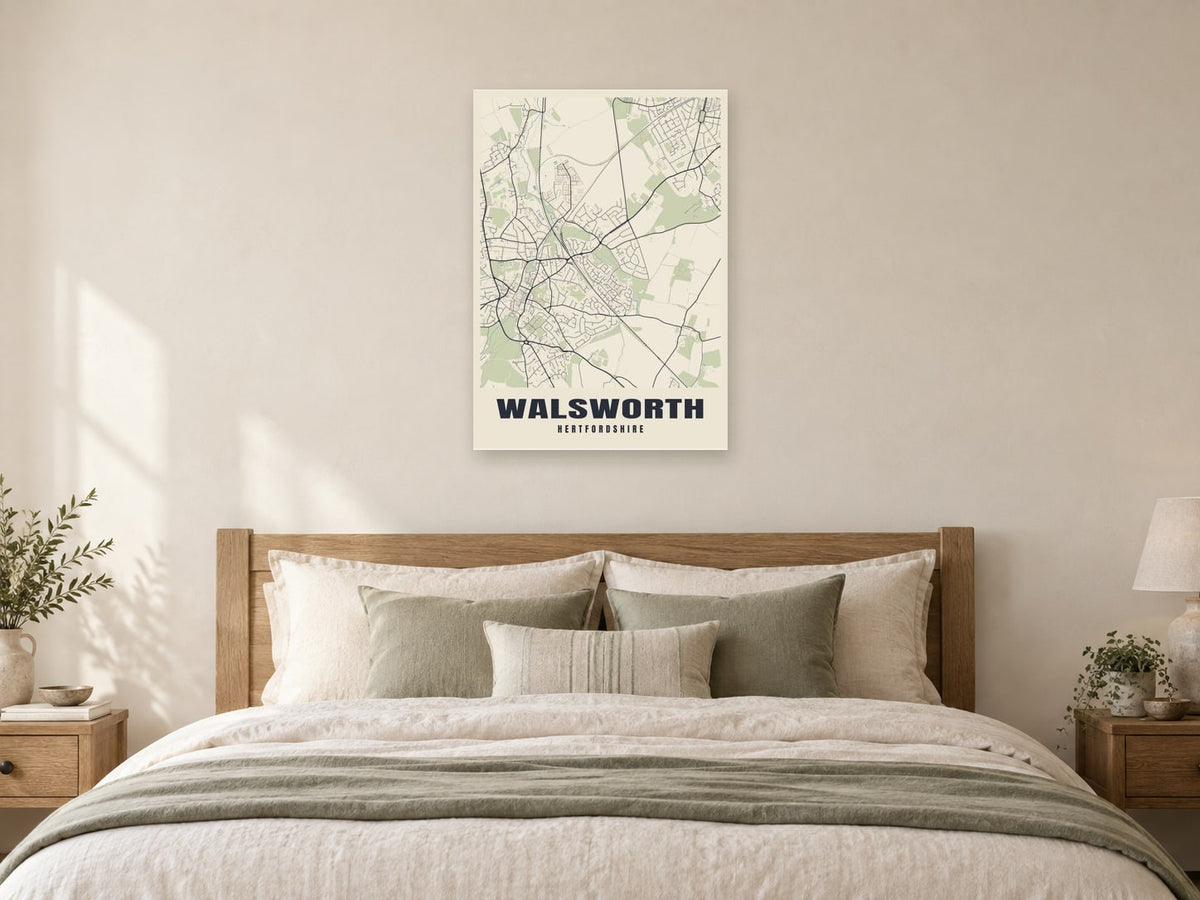 Walsworth Street Map Poster at A1, as a poster, above a bed