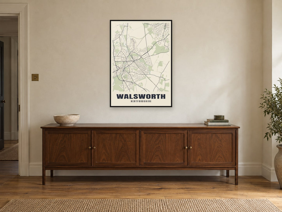 Walsworth Street Map Poster at A1, in a black frame, above a sideboard