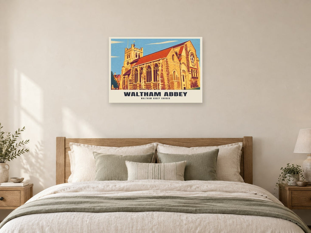 Waltham Abbey Church Poster at A1, as a poster, above a bed