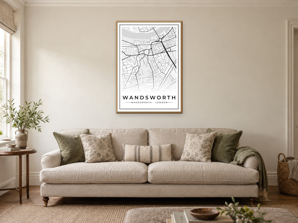 Wandsworth Street Map Poster at A1, in a natural wood frame, in a sitting room