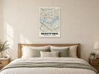 Wapping Heritage Street Map Poster at A1, as a poster, above a bed