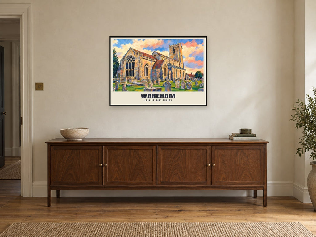 Lady St Mary Church, Wareham Poster at A1, in a black frame, above a sideboard