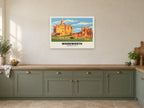 Warkworth Castle Poster at A1, in a white frame, in a kitchen