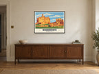 Warkworth Castle Poster at A1, in a black frame, above a sideboard