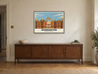 Warrington Town Hall Poster at A1, in a black frame, above a sideboard