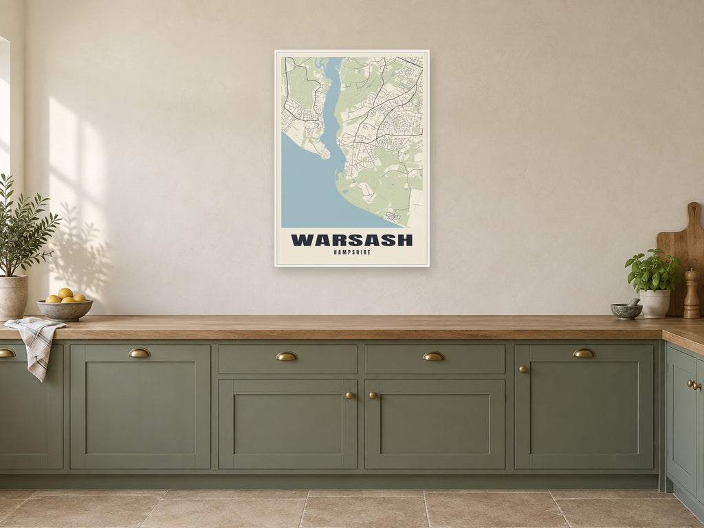 Warsash Street Map Poster at A1, in a white frame, in a kitchen