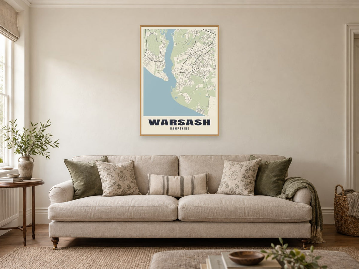 Warsash Street Map Poster at A1, in a natural wood frame, in a sitting room